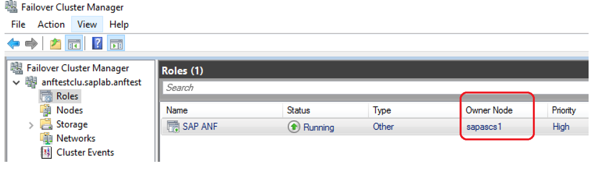 Figure 1: Windows Server failover cluster resources running on node A prior before the failover test
