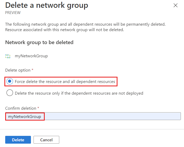 Screenshot of Network group to be deleted option selection.