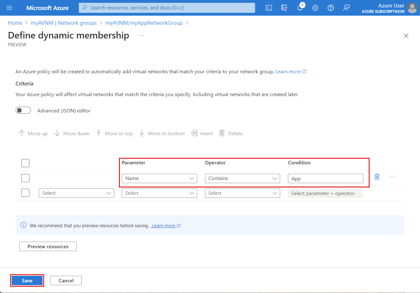 Screenshot of Define Network Group page with a condition for selecting virtual networks for group membership.
