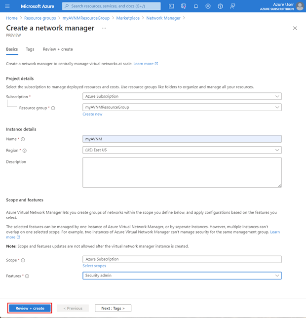 Screenshot of Create a network manager Basics page.