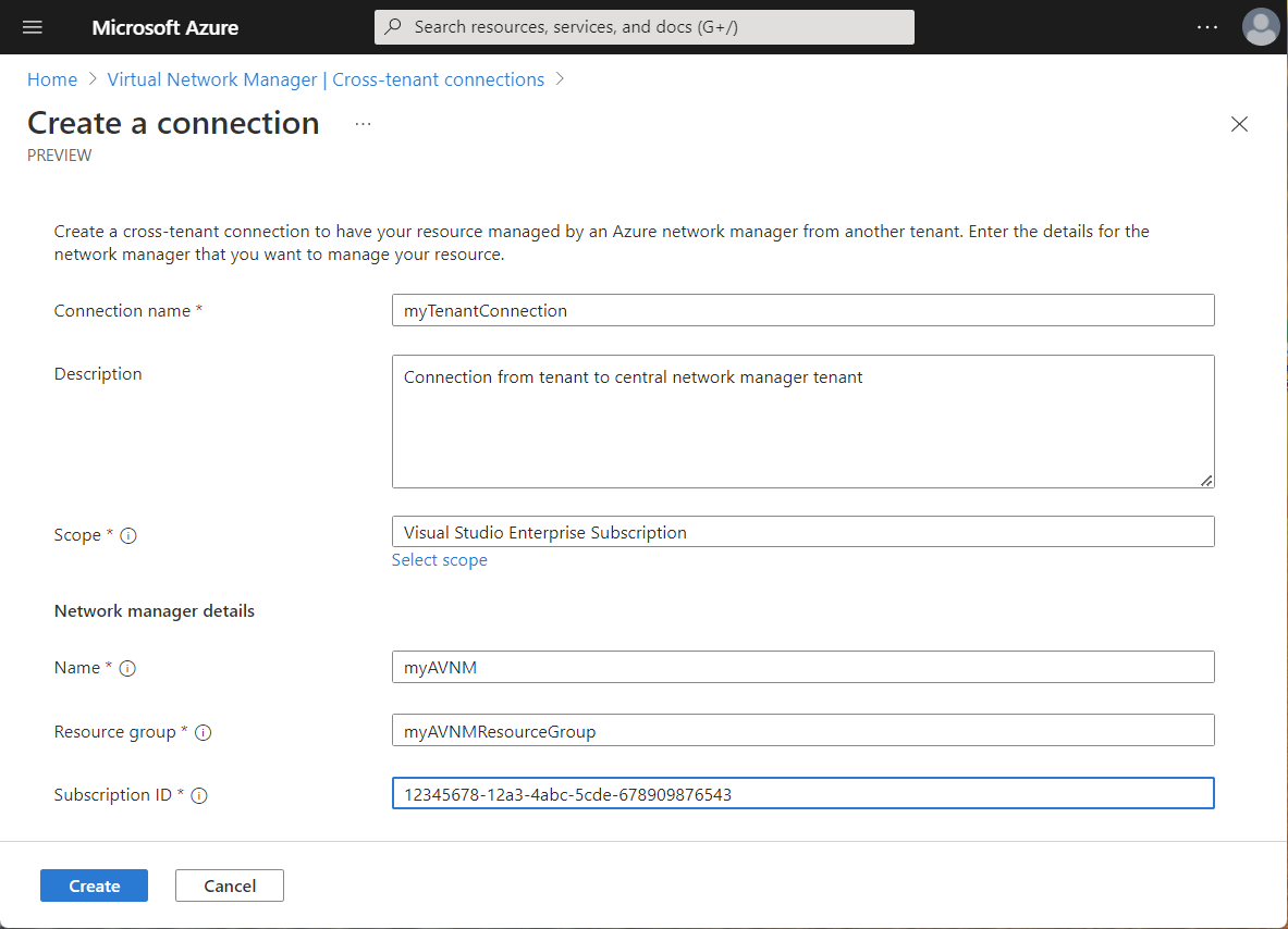 Screenshot of settings for creating a cross-tenant connection.