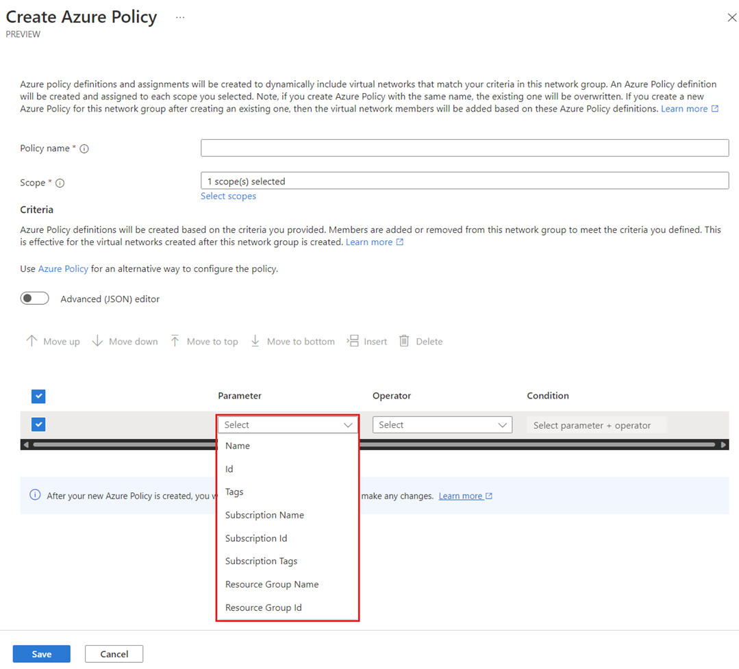 Screenshot of Create Azure Policy page with conditional parameters displayed.