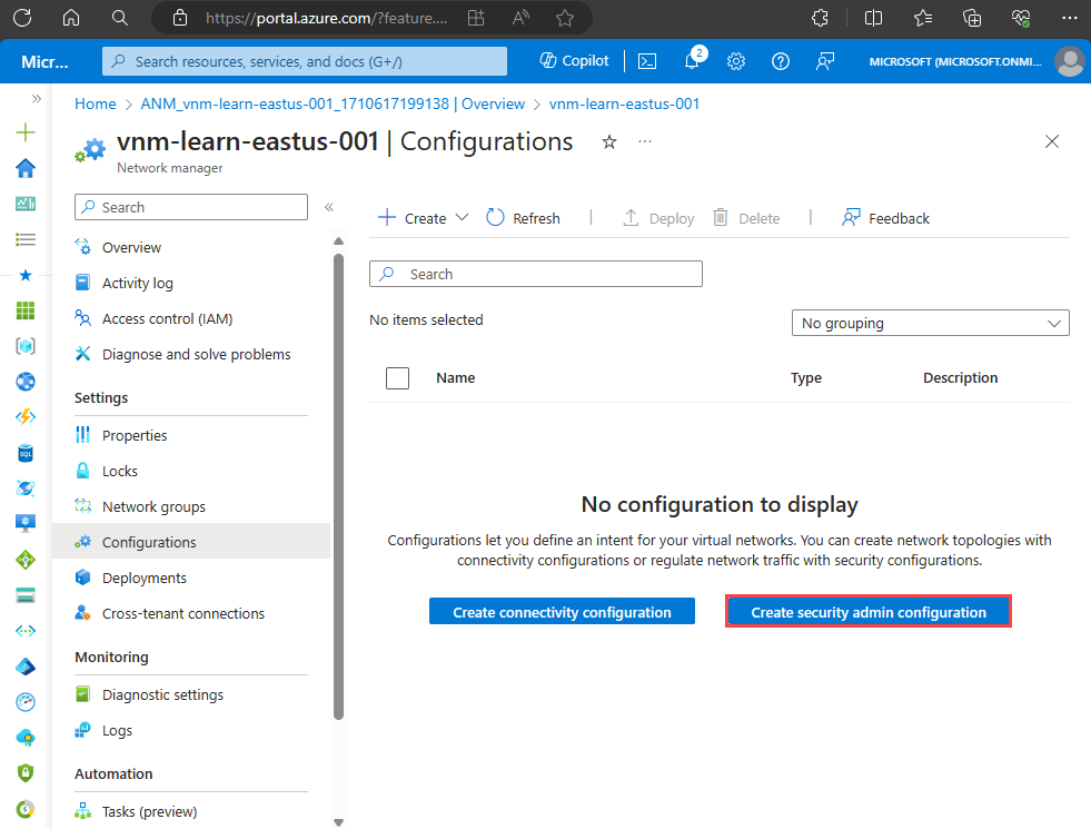 Screenshot of creation of security admin configuration in Configurations of a network manager.