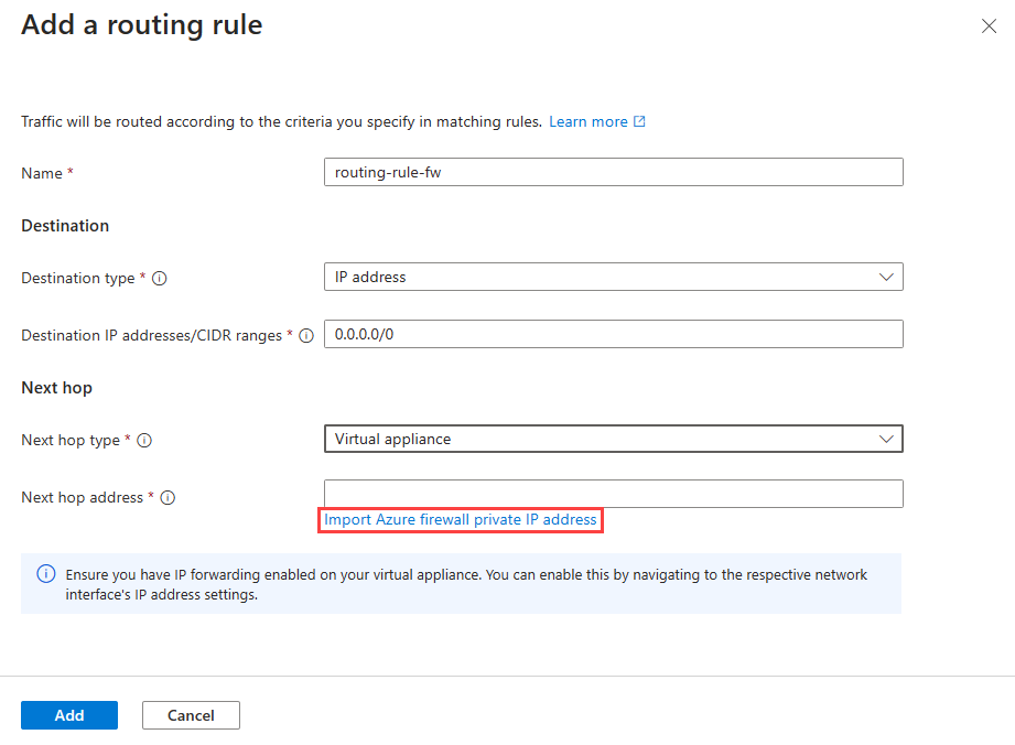 Screenshot of routing rule with Azure Firewall option.