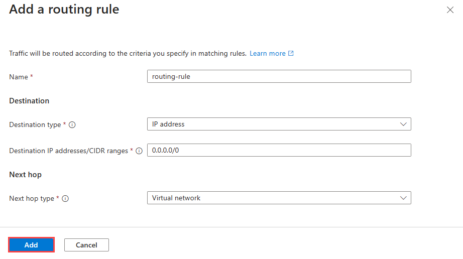 Screenshot of Add a routing rule window with selections for virtual network next hop.