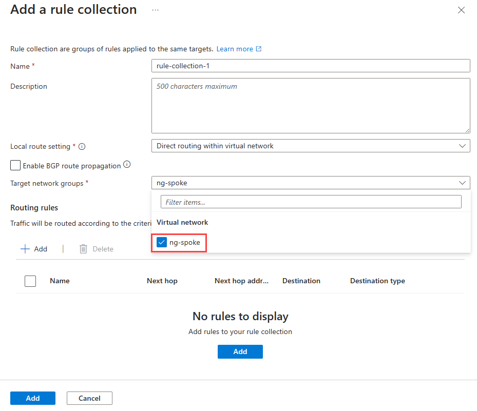 Screenshot of Add a rule collection window with target network group selected.