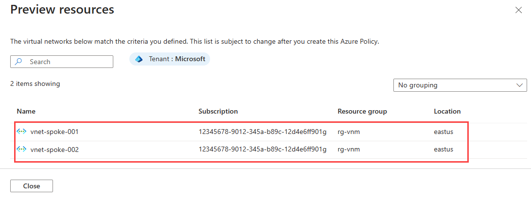 Screenshot of preview screen for Azure Policy resources based on conditional statement.