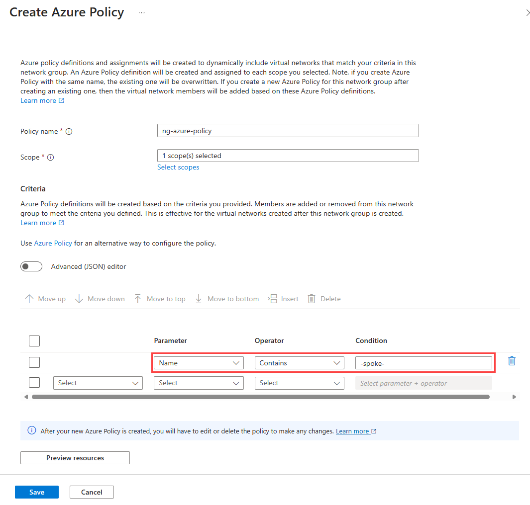 Screenshot of create Azure Policy window defining a conditional statement for network group membership.