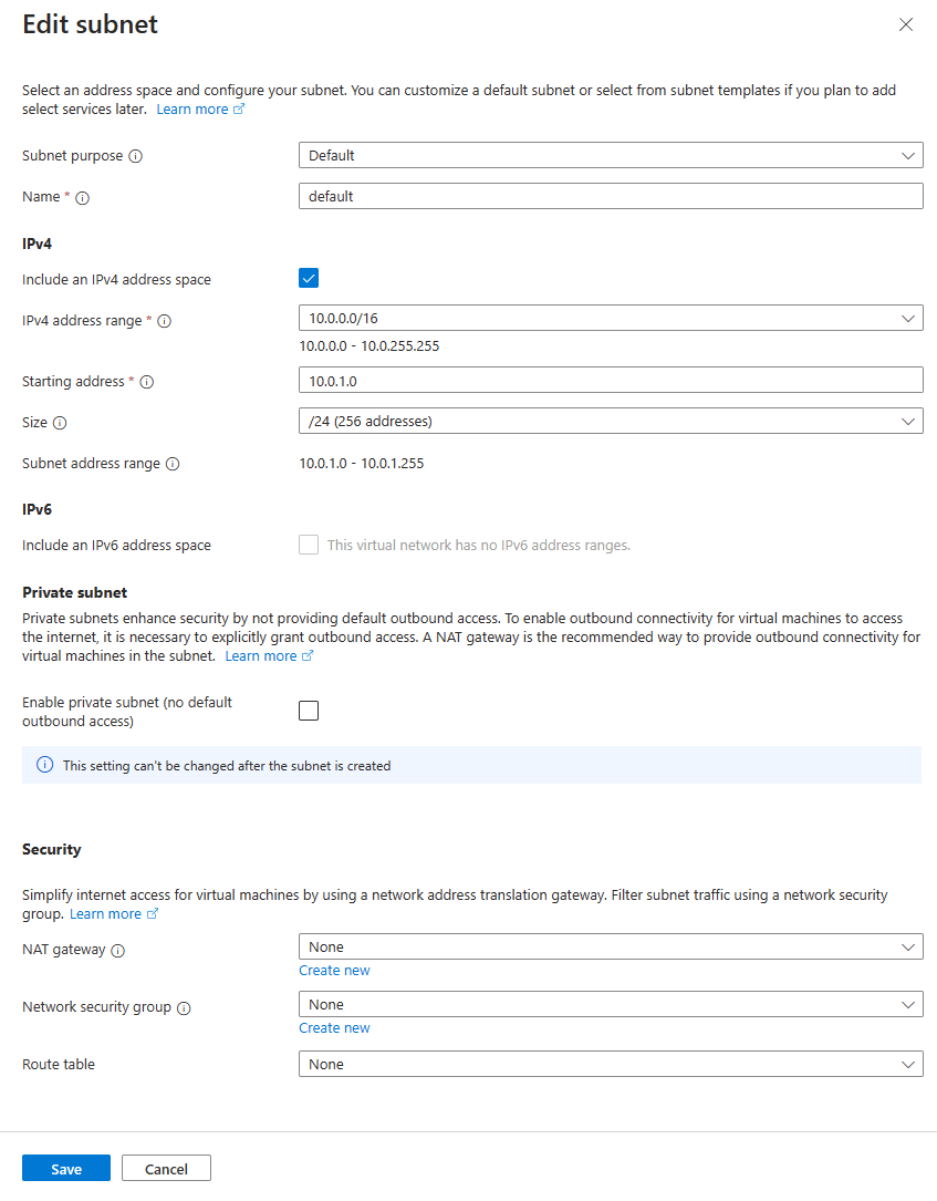 Screenshot of subnet settings in Azure portal.