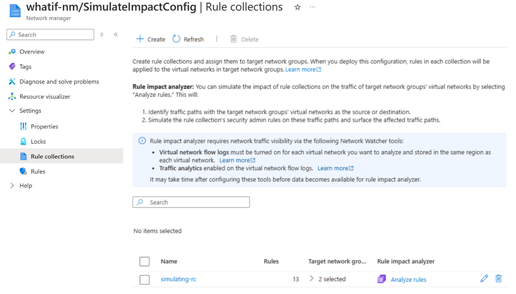 Screenshot of the Azure Network Manager interface showing the Rule Impact Analyzer tool.