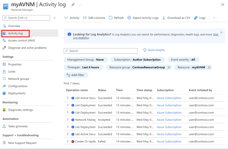Screenshot of activity log page for Network Manager.