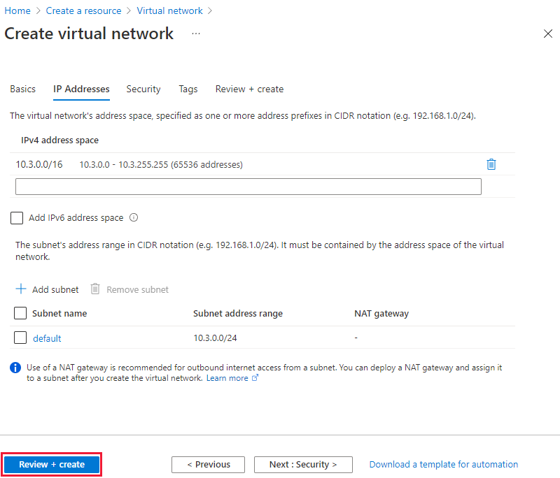 Screenshot of IP addresses tab for hub and spoke virtual network.