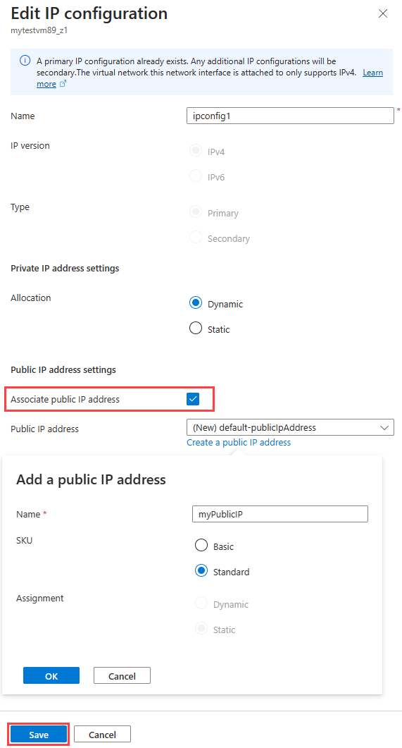 Screenshot showing how to select, create, and associate a new public IP address.