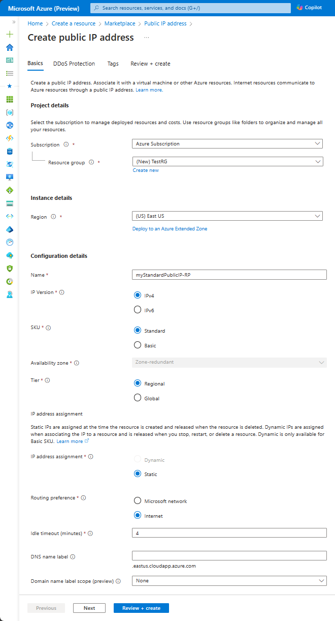 Screenshot of configure routing preference in the Azure portal