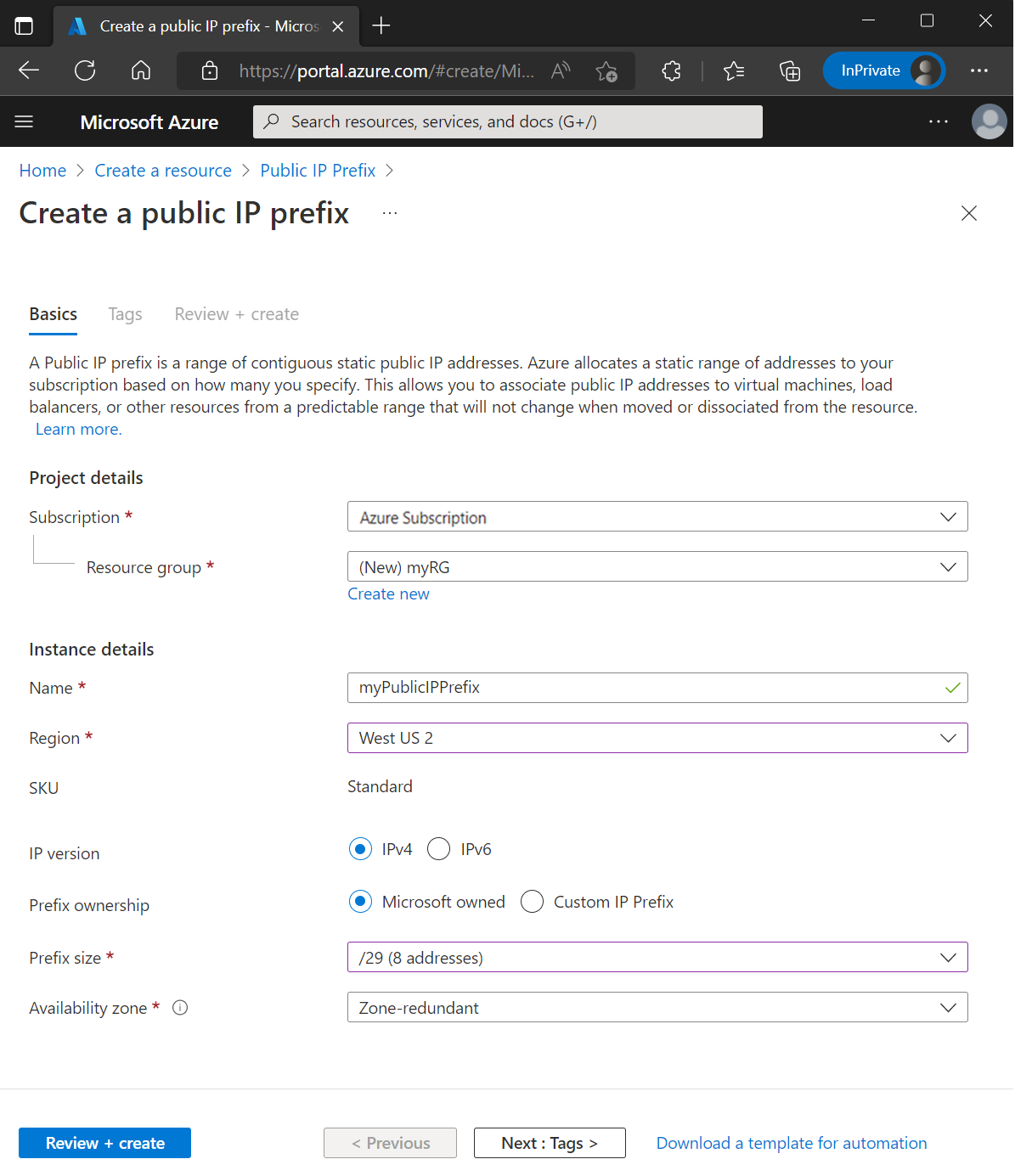 Screenshot of create public IP address prefix in the Azure portal