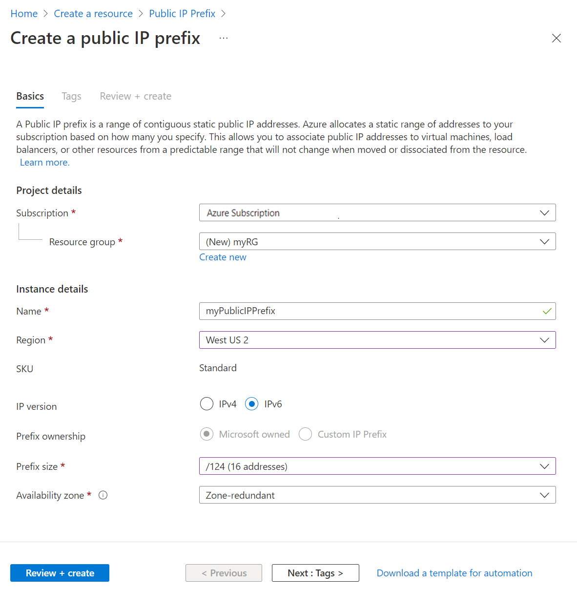 Screenshot of create public IPv6 address prefix in the Azure portal
