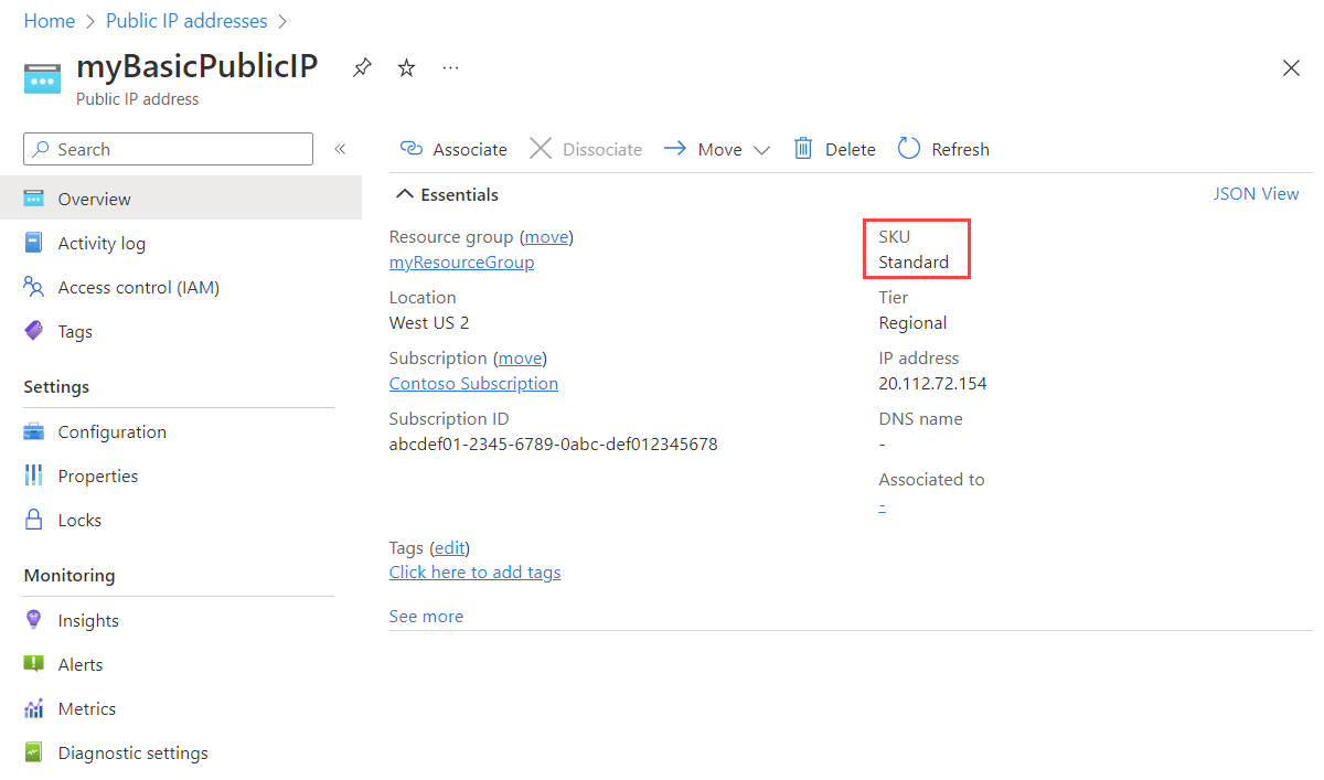 Screenshot showing public IP address is standard SKU.