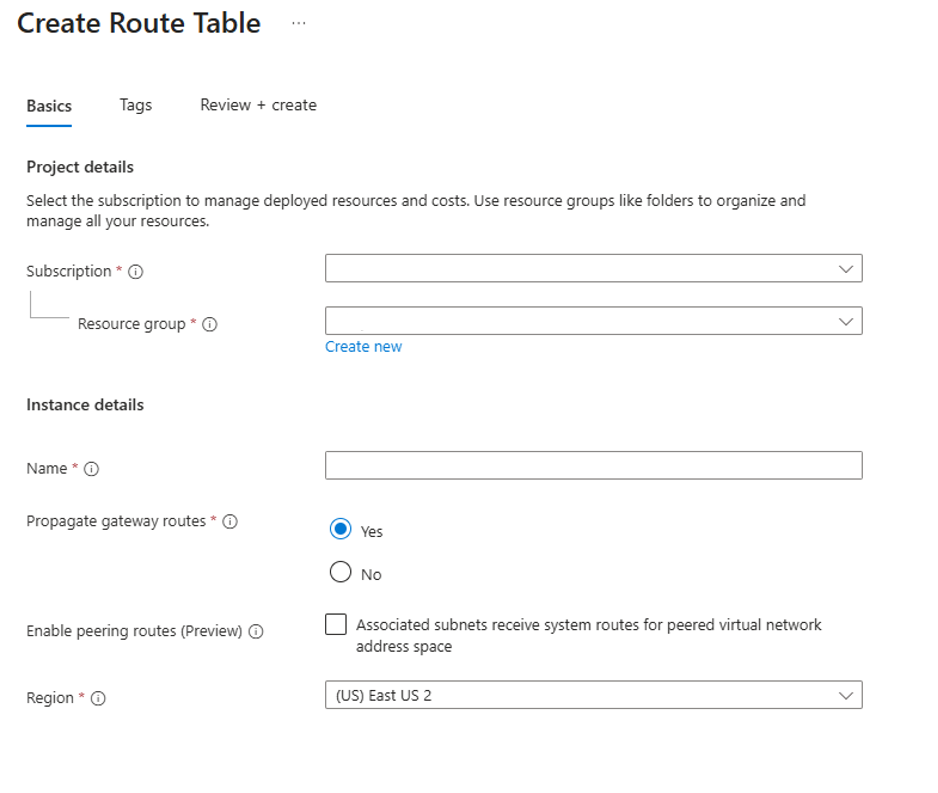Screenshot of an Azure route table configuration with Enable peering routes cleared.