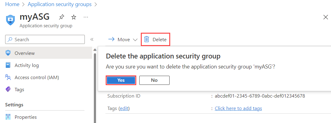 Screenshot of delete application security group in Azure portal.