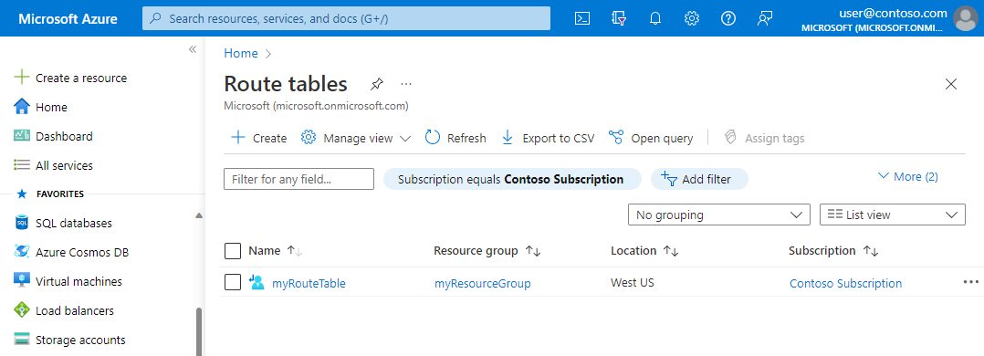 Screenshot of the list of route tables in the Azure subscription.