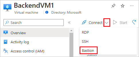 Screenshot of connecting to the first virtual machine with Azure Bastion.