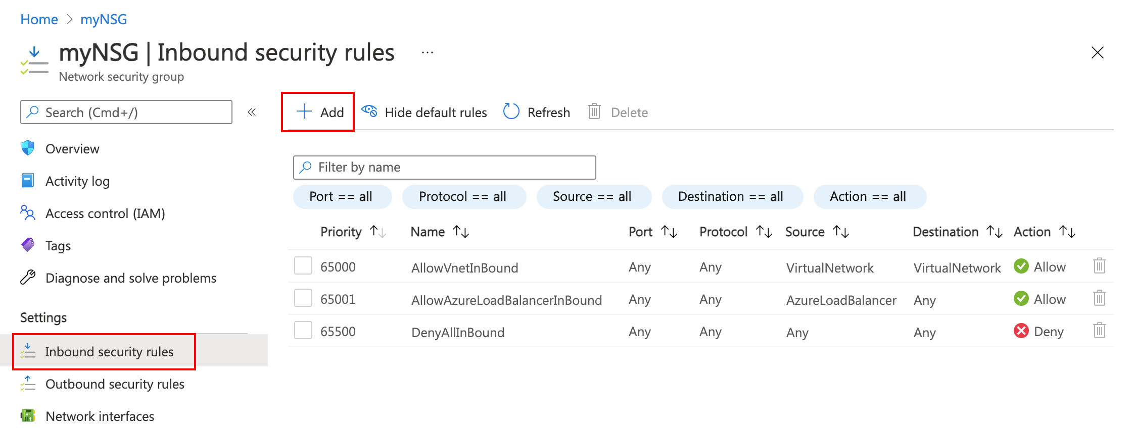 Screenshot of Inbound security rules in a network security group.