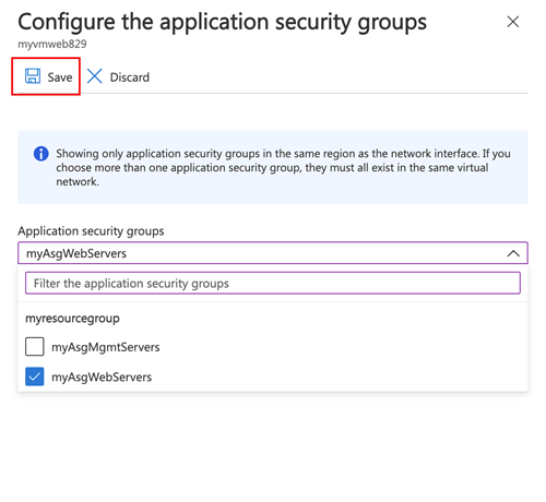 Screenshot showing how to associate application security groups to a network interface.