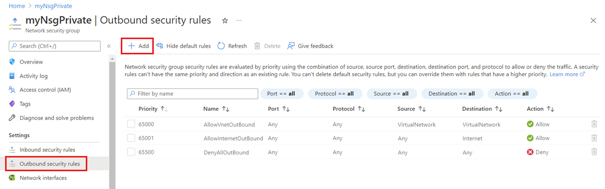 Screenshot of adding outbound security rule.