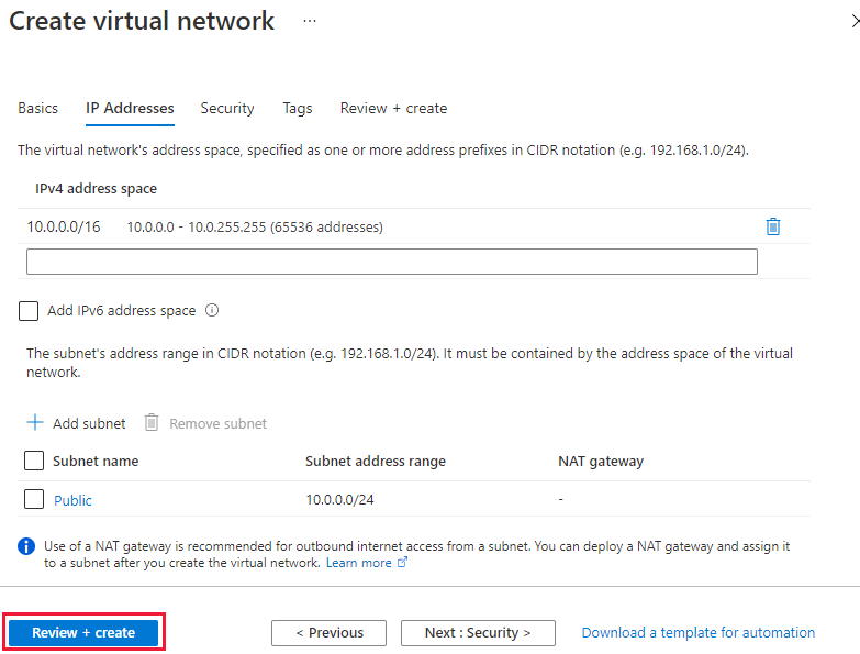 Screenshot of IP addresses tab for create a virtual network.
