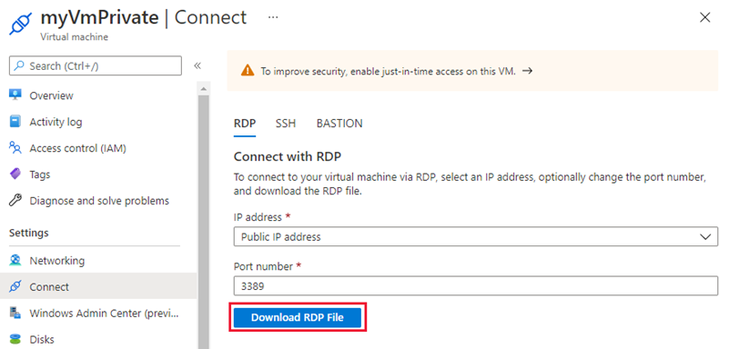 Screenshot of download RDP file for private virtual machine.