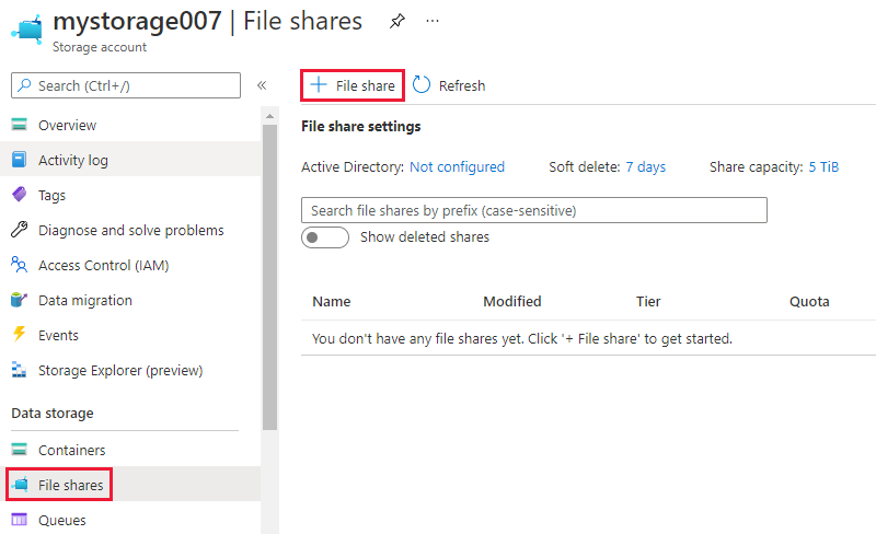 Screenshot of file share page in a storage account.