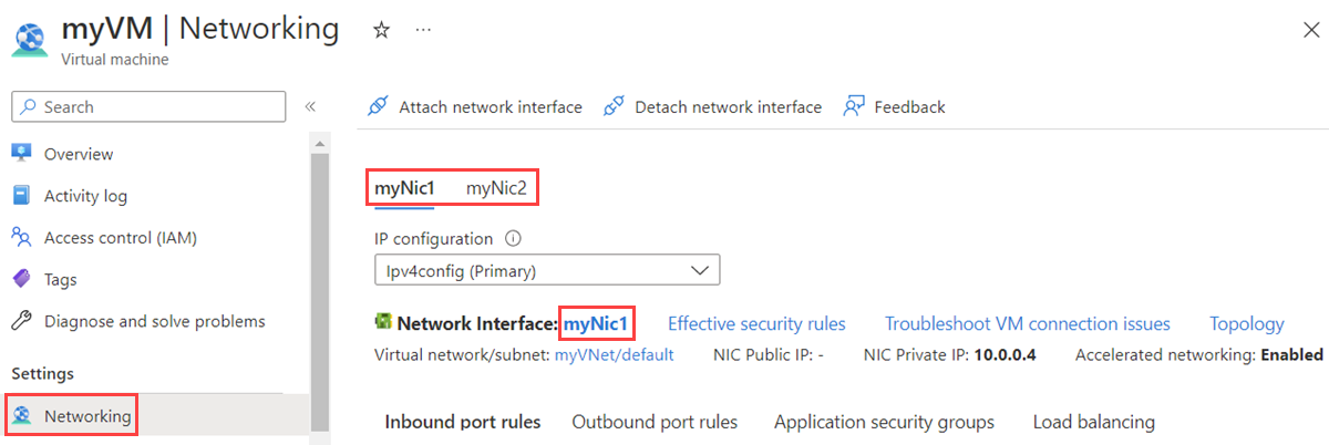 Screenshot of network interface attached to a virtual machine in Azure portal.