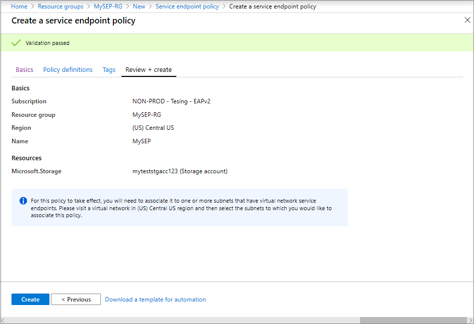 Create service endpoint policy final validations