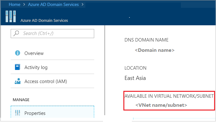 Screenshot of the Azure AD Domain Services screen in Azure portal. The Available in Virtual Network/Subnet field is highlighted.