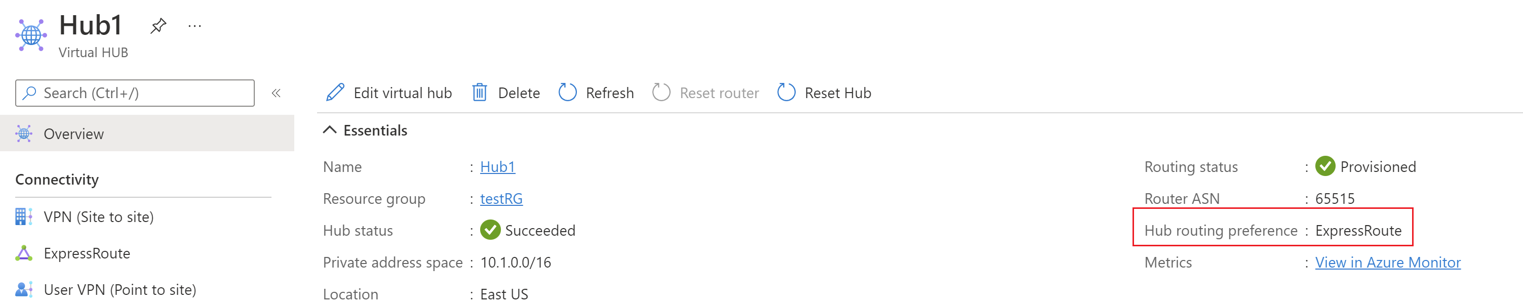 Screenshot shows virtual hub Overview page with routing preference.