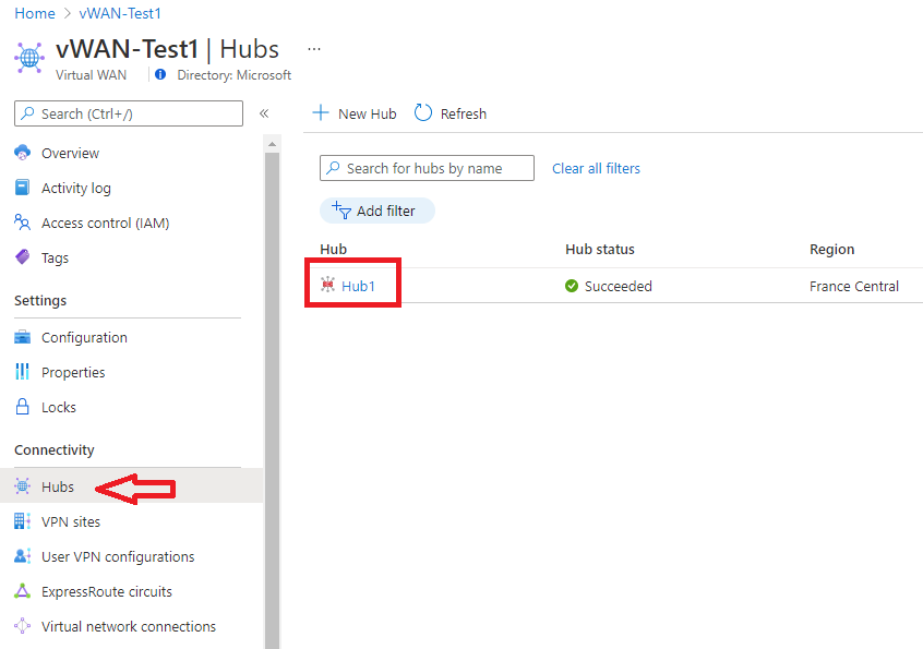 Screenshot that shows the Hub selection in the vWAN Portal.
