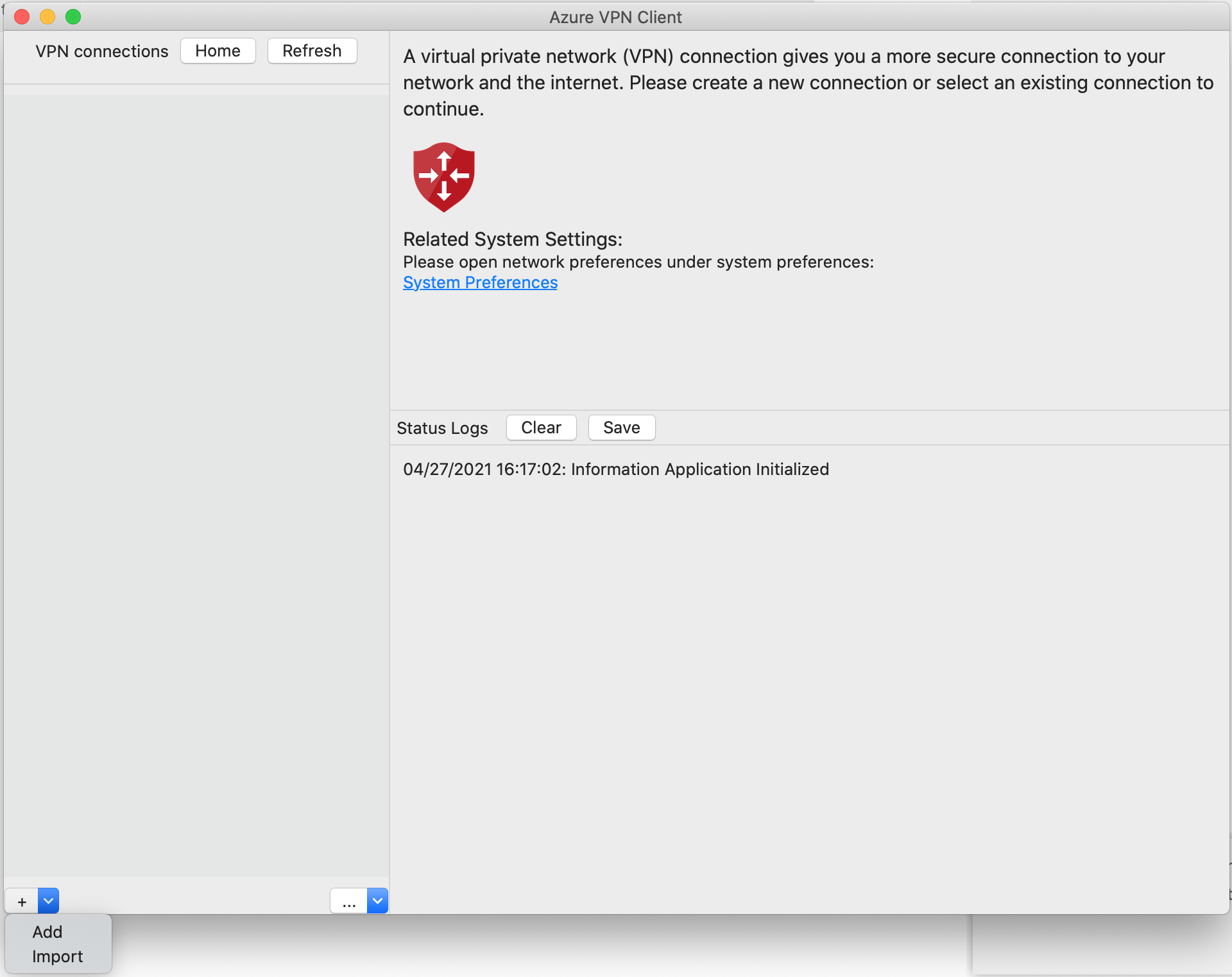 Screenshot of Azure VPN Client selecting Add.