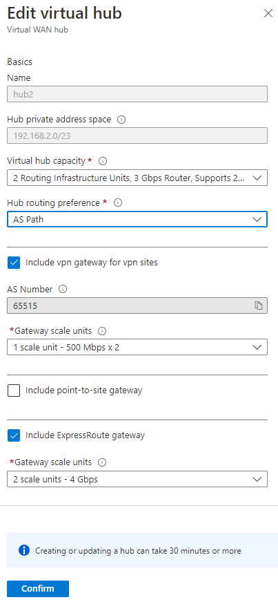 Screenshot that shows how to set hub routing preference in Virtual WAN to A S Path.