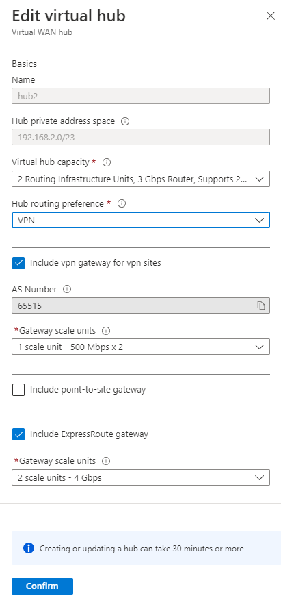 Screenshot of how to set hub routing preference in Virtual WAN to V P N.