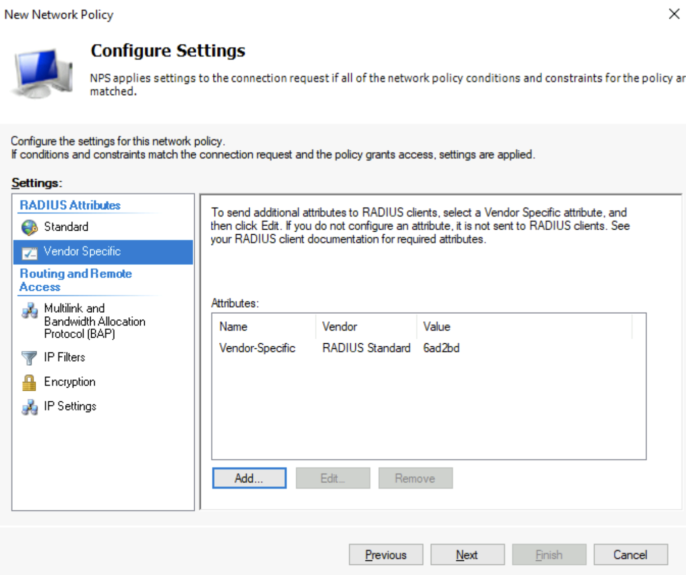 Screenshot of the Configure Settings page with Vendor Specific attributes.