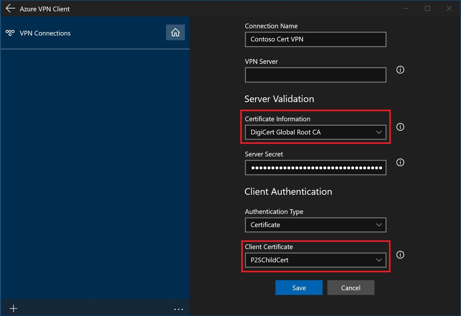 Screenshot showing Azure VPN Client profile configuration page.