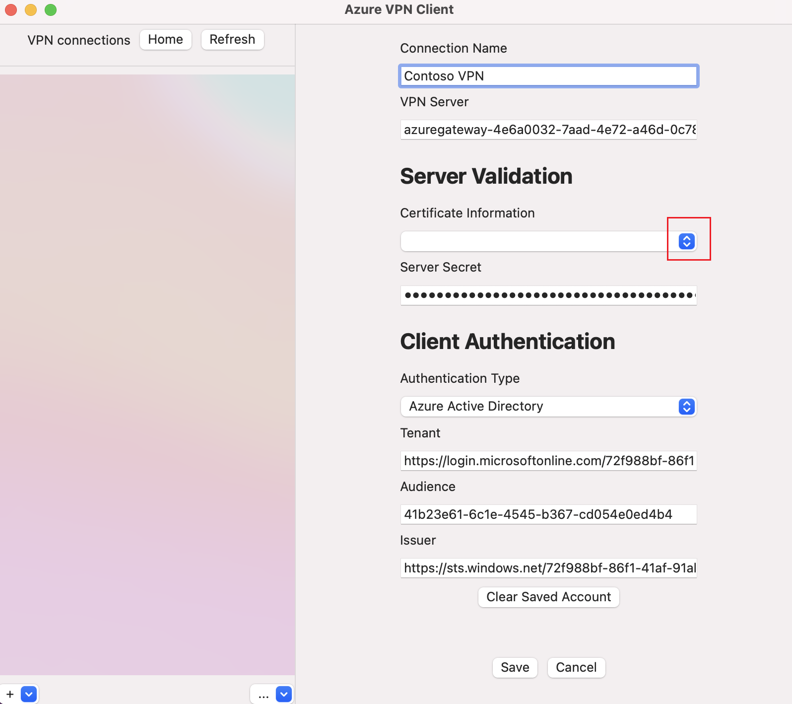 Screenshot of Azure VPN Client profile settings.
