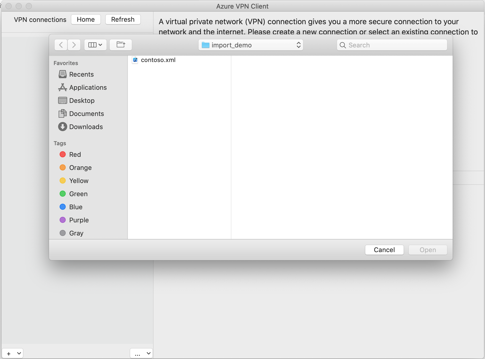 Screenshot of Azure VPN Client import clicking open.