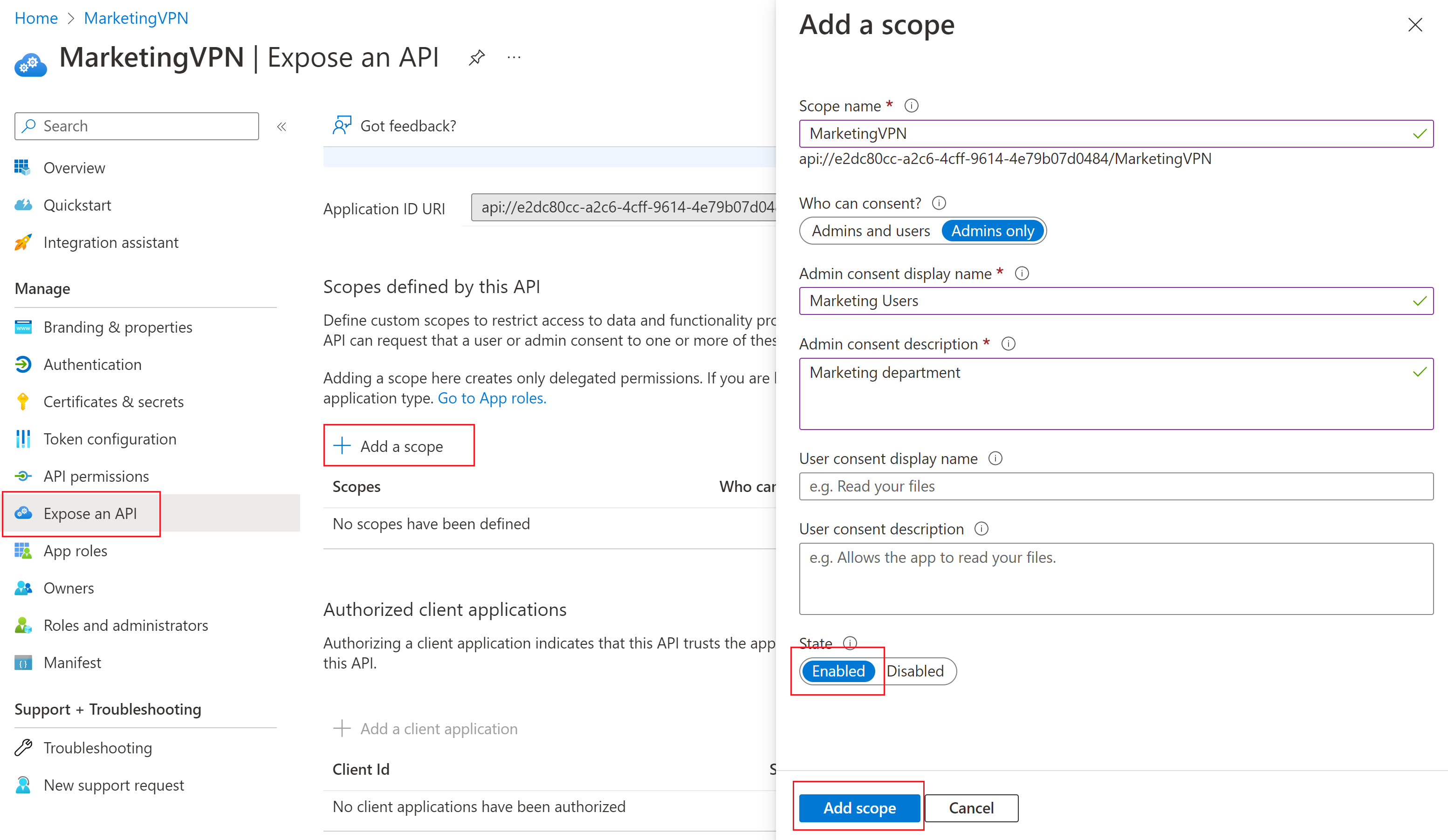 Screenshot of Azure Active Directory add a scope page.