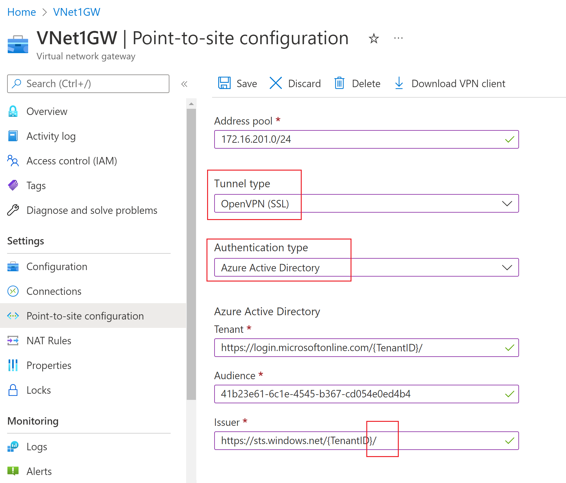 Screenshot showing settings for Tunnel type, Authentication type, and Azure Active Directory settings.