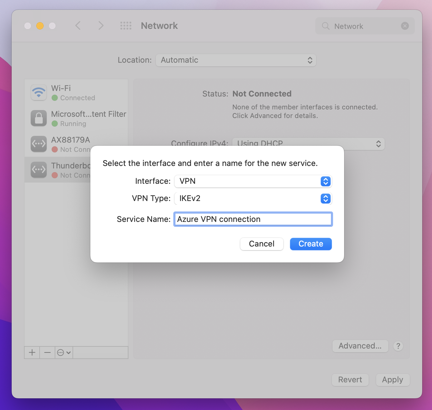 Screenshot shows the Network window with the option to select an interface, select VPN type, and enter a service name.