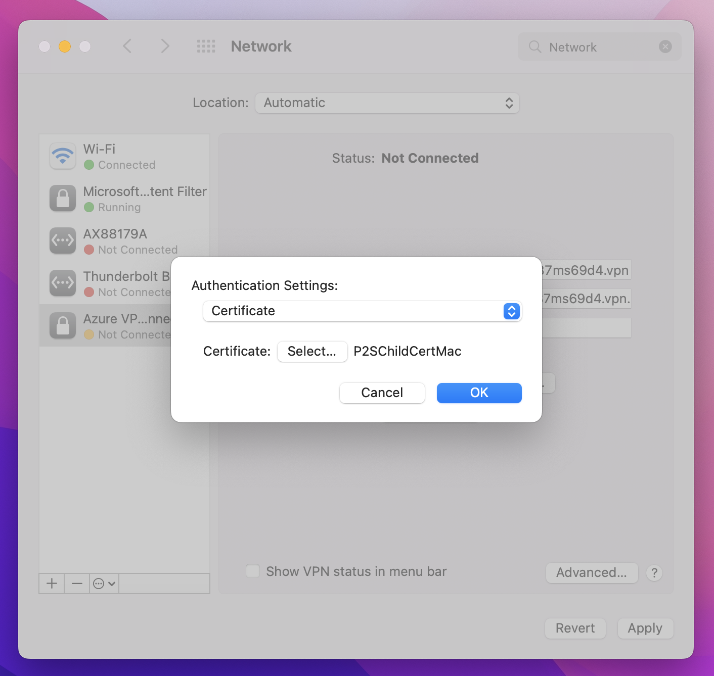 Configure P2S VPN clients certificate authentication macOS native