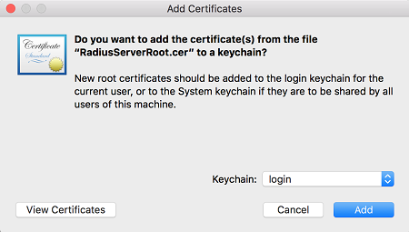Screenshot shows adding the RadiusServerRoot certificate.