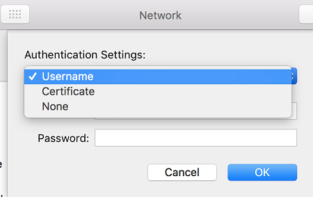 Screenshot that shows the Authentication settings drop-down with Username selected.