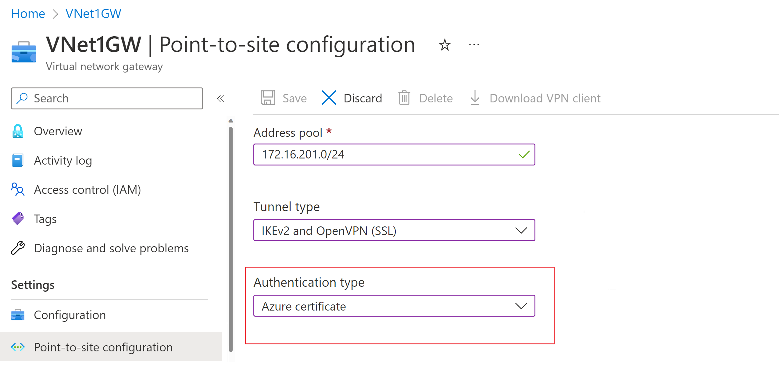 Screenshot of Point-to-site configuration page - authentication type.